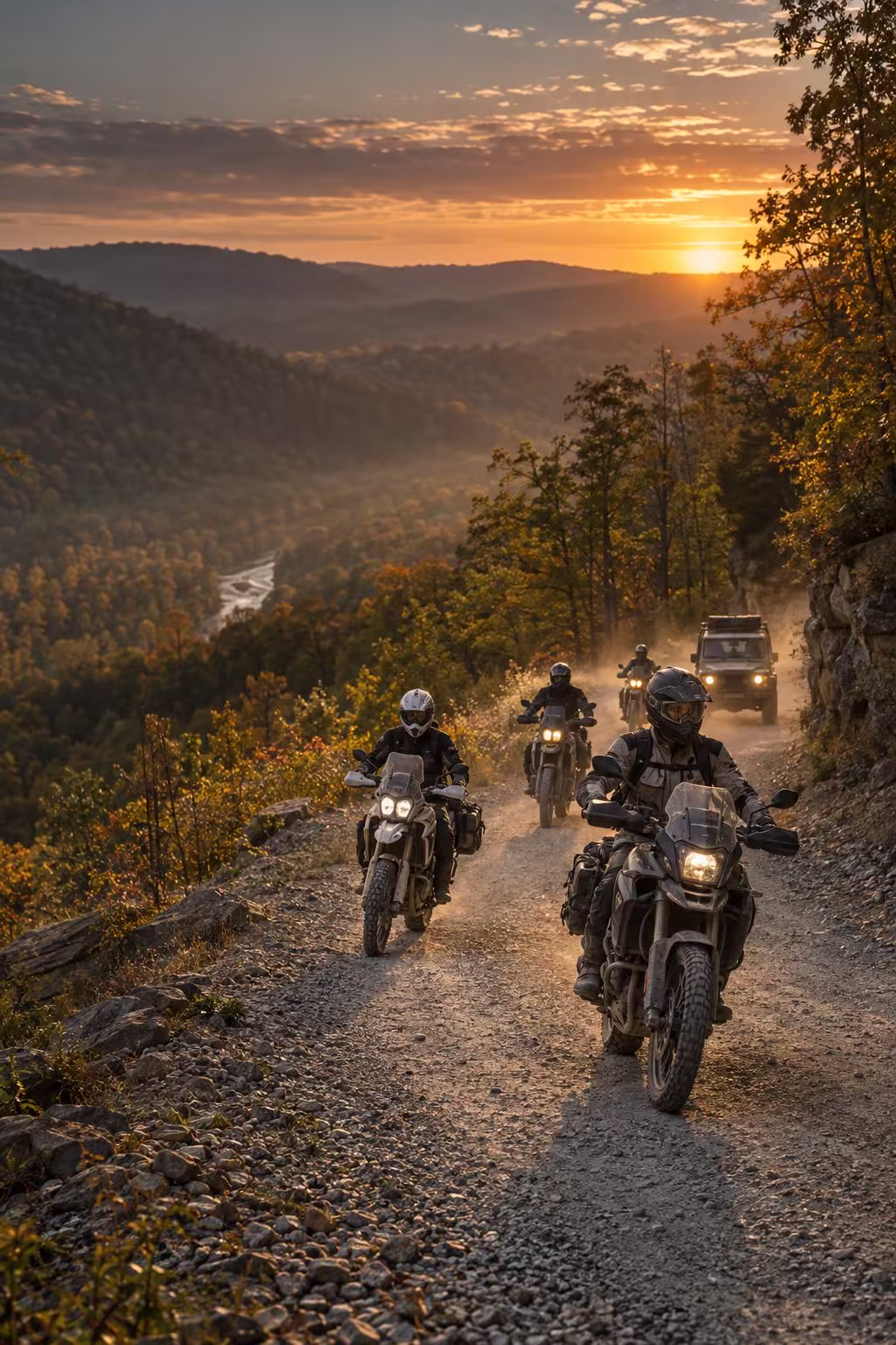 Adventure motorcycles and a 4x4 exploring a Tennessee mountain trail