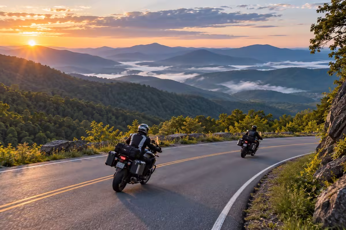 Adventure riders passing sandstone bluffs in Big South Fork country