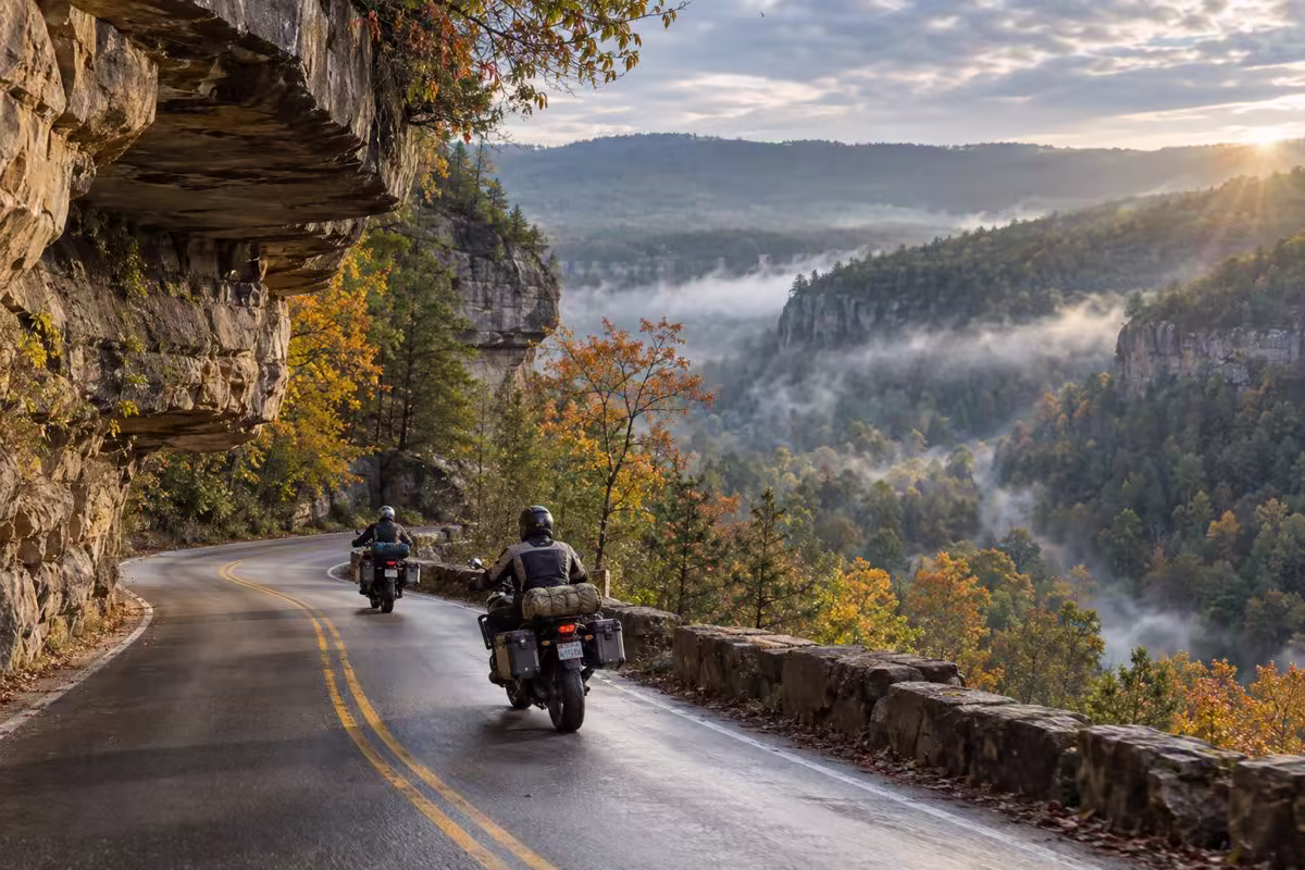 Adventure riders crossing a mountain overlook on the Cherohala Skyway