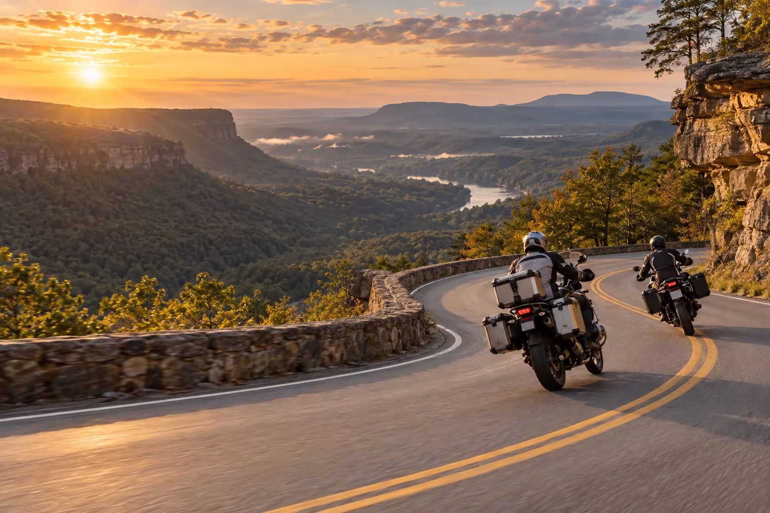 Adventure riders crossing the Cumberland Plateau at sunset