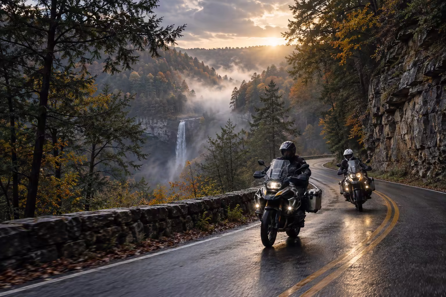 Motorcyclists riding toward Fall Creek Falls in Tennessee