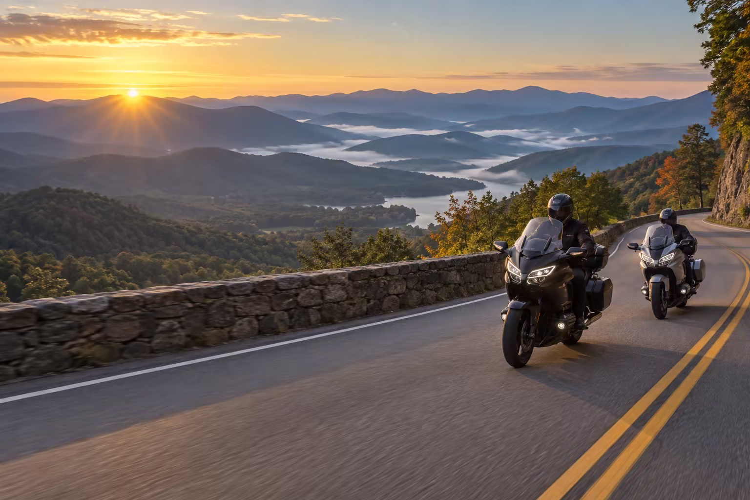 Motorcyclists riding above the Smoky Mountains on Foothills Parkway