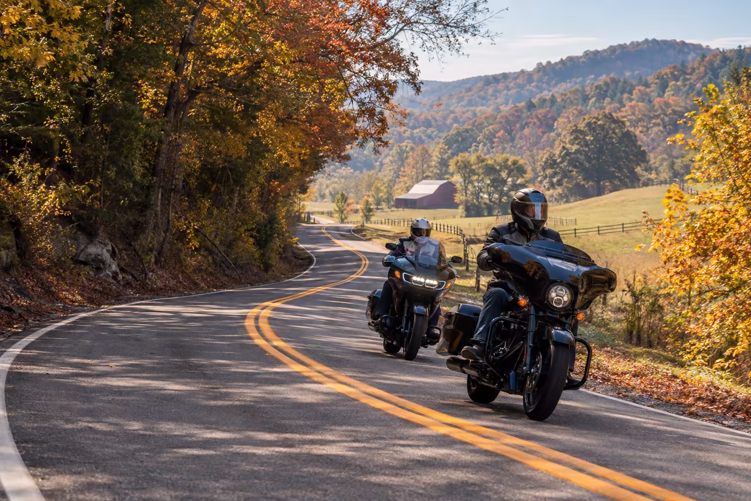 Motorcyclists riding Highway 104 through West Tennessee farmland