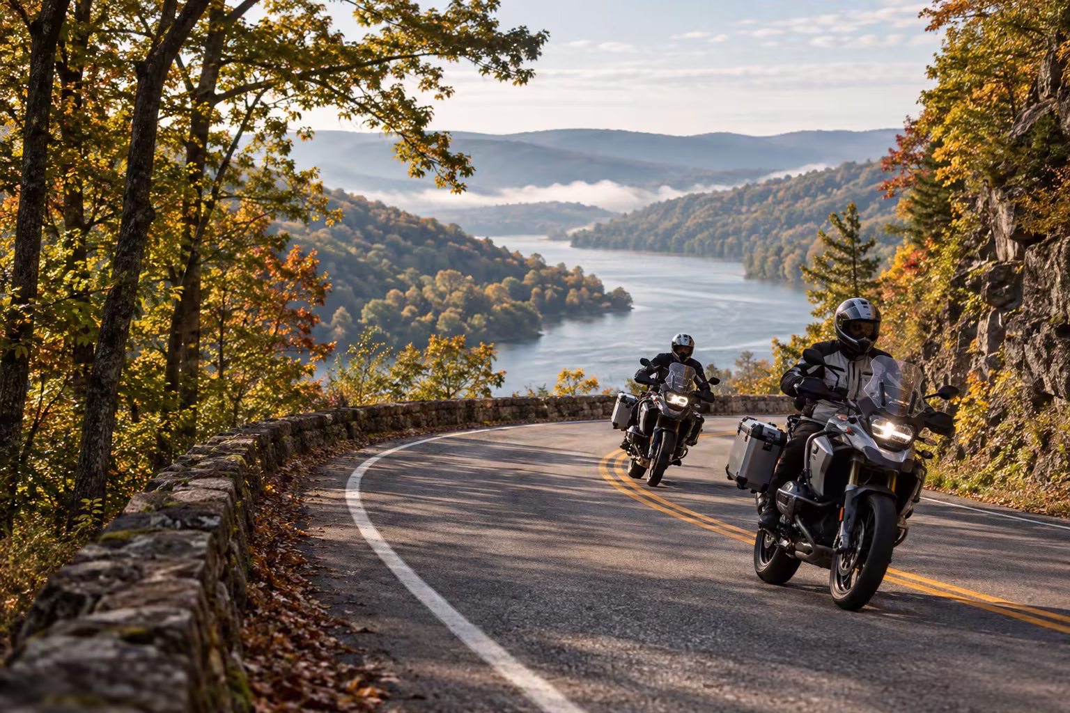 Motorcyclists riding above the Tennessee River near Clifton