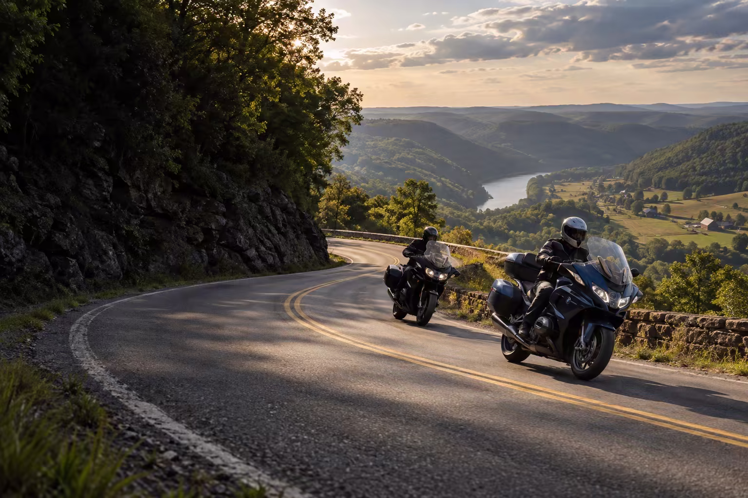 Motorcyclists riding a ridge road above a Tennessee valley