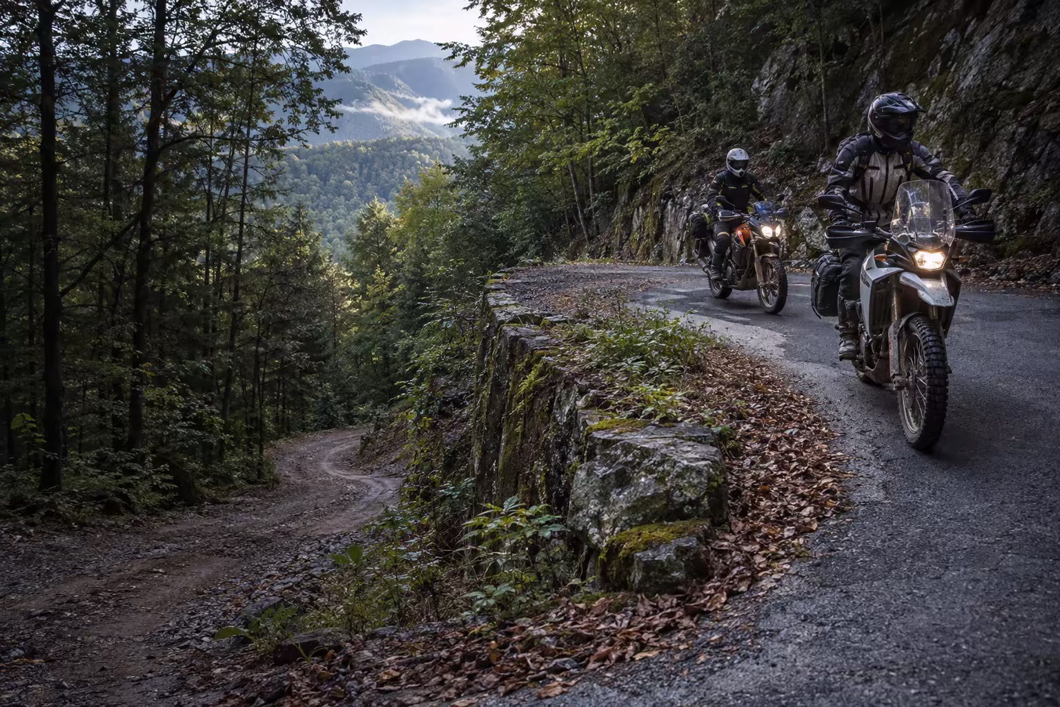 Dual-sport riders on Tennessee 32 where pavement meets dirt