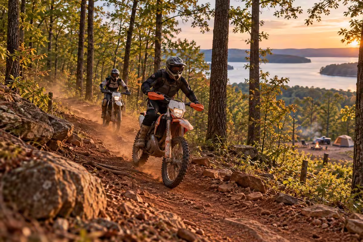 Off-road riders descending a designated Turkey Bay forest trail above the lake